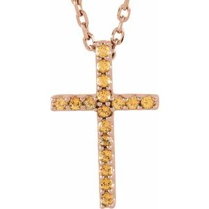 Collier croix fine 16 pouces en or rose 14 carats et saphir jaune naturel