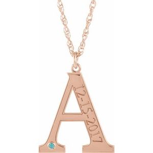 Collier en argent sterling plaqué or rose 14 carats avec initiale A en zircon bleu synthétique gravable, 45,7 cm (18 pouces).