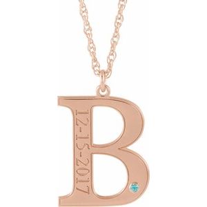 Collier en argent sterling plaqué or rose 14 carats avec initiale B en zircon bleu synthétique gravable, 45,7 cm (18 pouces).