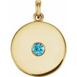 Pendentif disque en or jaune 14 carats avec zircon bleu naturel