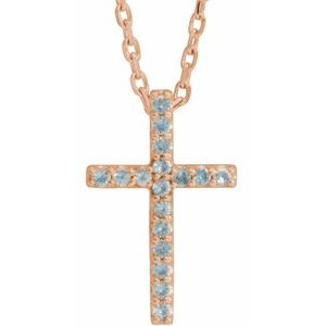 Collier croix fine 16" en or rose 14 carats et topaze bleue suisse naturelle
