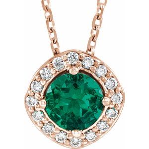Collier de 45,7 cm (18 pouces) en or rose 14 carats, orné d'une émeraude de laboratoire et de diamants naturels (0,08 carat au total).
