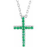 Collier croix fine en or blanc 14 carats et émeraude naturelle, 40 cm (16 pouces).