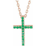 Collier croix fine en or rose 14 carats et émeraude naturelle, 40 cm (16 pouces).