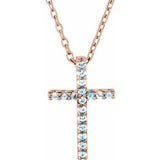 Collier croix fine en or rose 14 carats et aigue-marine naturelle, 40 cm (16 pouces).