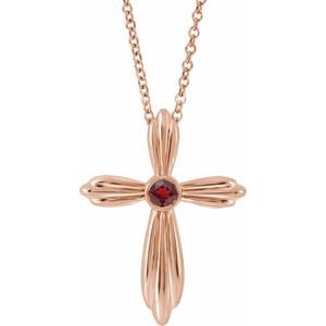 Collier croix en or rose 14 carats et grenat naturel du Mozambique, 40-45 cm