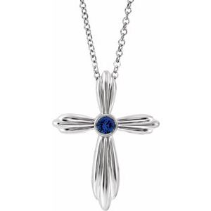 Collier croix en or blanc 14 carats et saphir bleu de laboratoire, 40-45 cm