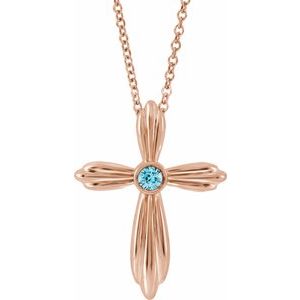 Collier croix en or rose 14 carats et zircon bleu naturel, 40-45 cm