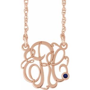Collier monogramme 3 initiales en saphir bleu imitation rose 14 carats, 20 mm, 45,7 cm (18 pouces)