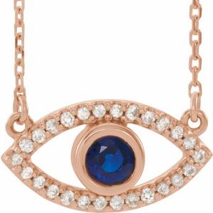 Collier œil protecteur en or rose 14 carats, saphirs bleus et blancs naturels, 45,7 cm (18 pouces).