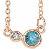 Collier 16 pouces en or rose 14 carats, zircon bleu naturel et diamants naturels (0,02 carat au total)