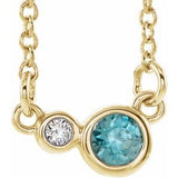 Collier de 40 cm (16 pouces) en or jaune 14 carats, zircon bleu naturel et diamants naturels (0,02 carat au total).