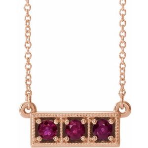 Collier trois pierres en or rose 14 carats avec rubis naturel et barrette de 40 à 45 cm