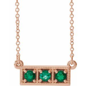 Collier trois pierres en or rose 14 carats avec émeraude naturelle et barrette de 40 à 45 cm