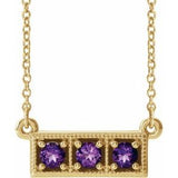 Collier trois pierres en or jaune 14 carats et améthyste naturelle, 40-45 cm