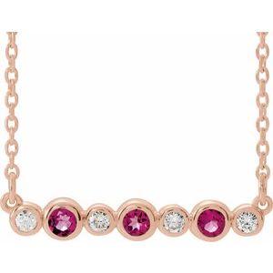 Collier en or rose 14 carats serti clos de tourmaline rose naturelle et de diamants naturels (0,08 carat au total), 40-45 cm