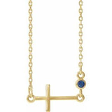 Collier croix latérale en or jaune 14 carats et saphir bleu de laboratoire, 40-45 cm