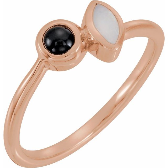 Bague en or rose 14 carats, opale blanche naturelle et onyx noir naturel