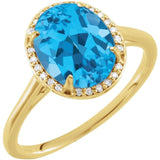 Bague en or jaune 14 carats, topaze bleue suisse naturelle 10x8 mm et diamants naturels (0,06 carat au total)