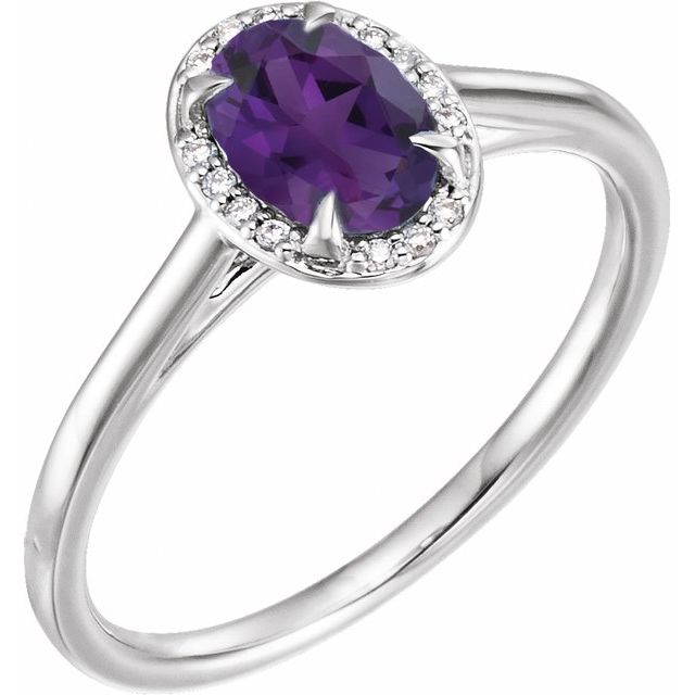 Bague en or blanc 14 carats avec améthyste naturelle de 7 x 5 mm et diamants naturels (0,03 carat au total).