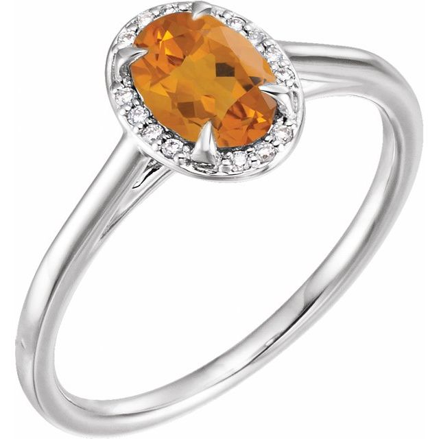 Bague en or blanc 14 carats avec citrine naturelle 7x5 mm et diamants naturels (0,03 carat au total).