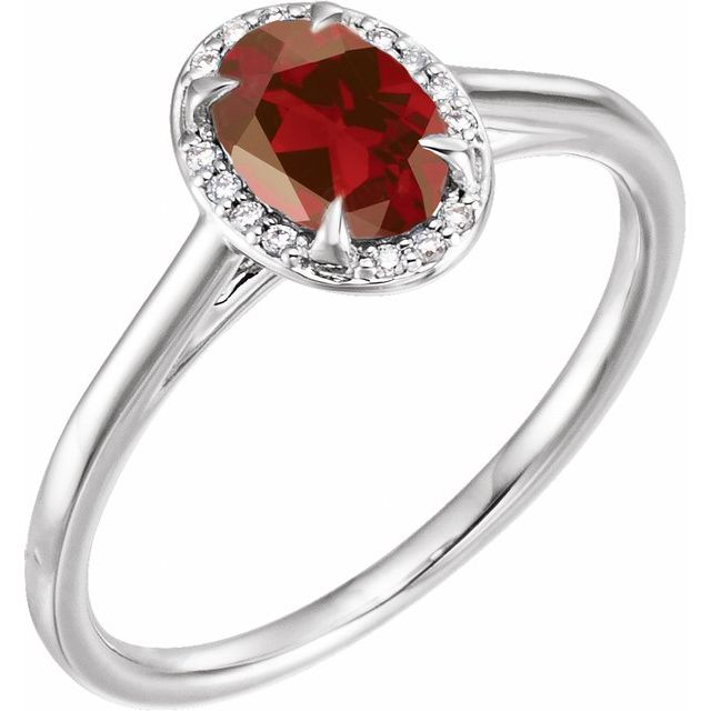 Bague en or blanc 14 carats avec grenat naturel du Mozambique (7 x 5 mm) et diamants naturels (0,03 carat au total).