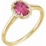 Bague en or jaune 14 carats avec tourmaline rose naturelle de 7 x 5 mm et diamants naturels (0,03 carat au total).