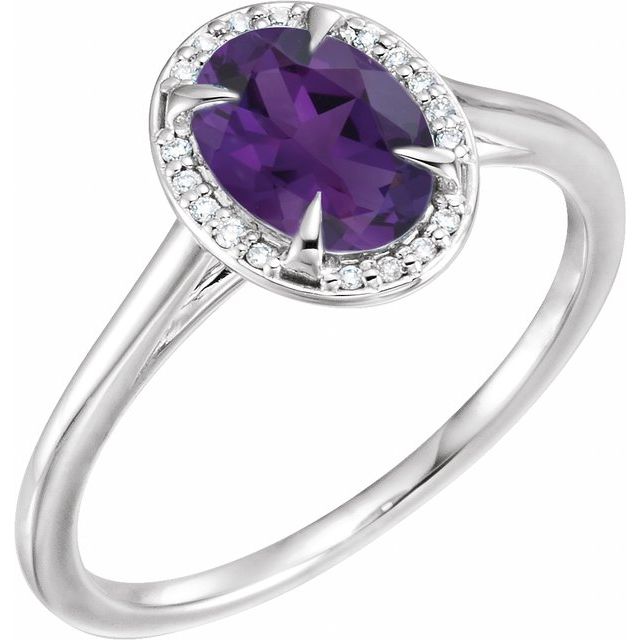 Bague en or blanc 14 carats avec améthyste naturelle de 8 x 6 mm et diamants naturels (0,04 carat au total).