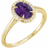 Bague en or jaune 14 carats avec améthyste naturelle de 8 x 6 mm et diamants naturels (0,04 carat au total).