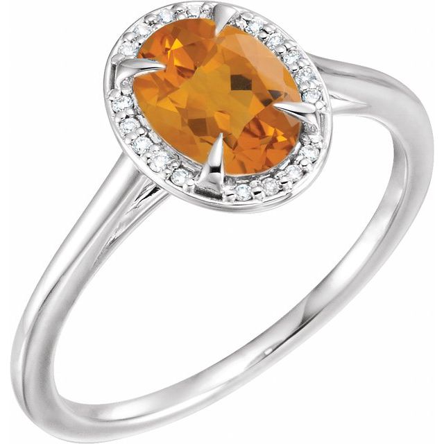 Bague en or blanc 14 carats avec citrine naturelle 8x6 mm et diamants naturels (0,04 carat au total).
