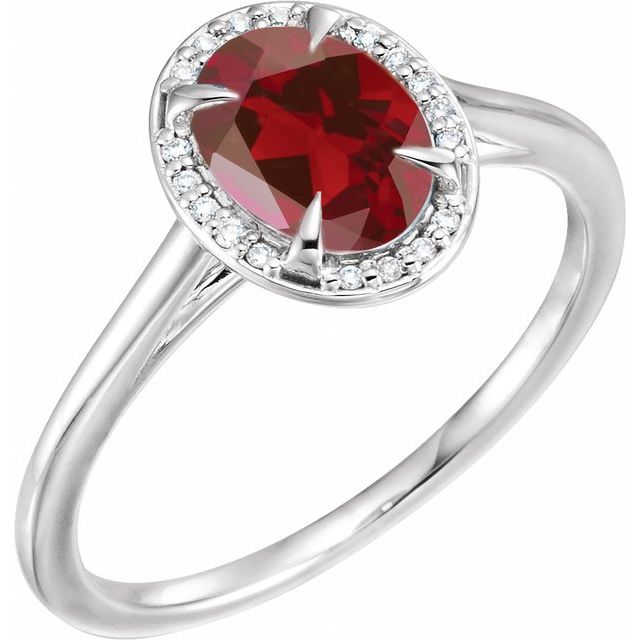 Bague en or blanc 14 carats avec grenat naturel du Mozambique (8 x 6 mm) et diamants naturels (0,04 carat au total).