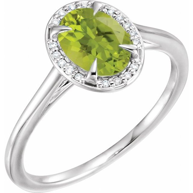 Bague en or blanc 14 carats avec péridot naturel de 8 x 6 mm et diamants naturels (0,04 carat au total).