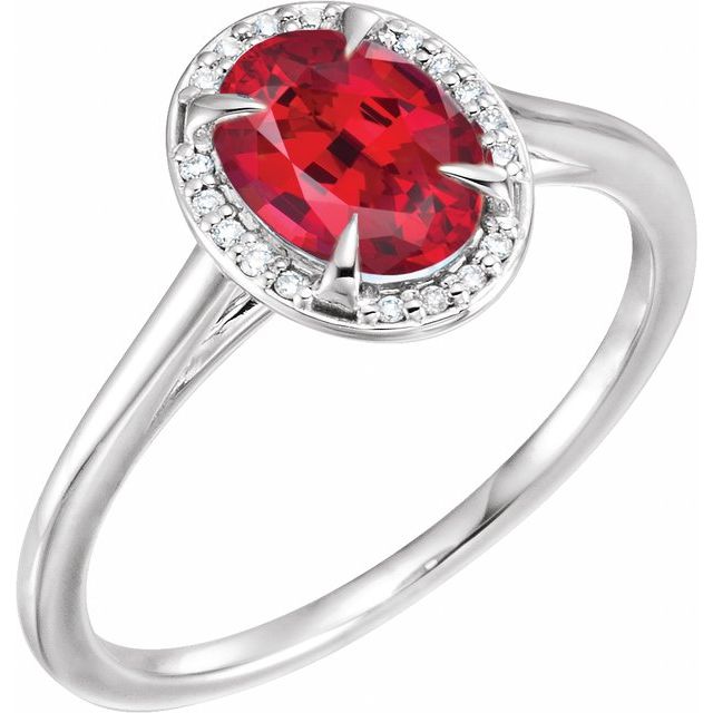 Bague en or 14 carats sertie d'un rubis de laboratoire blanc de 8 x 6 mm et de diamants naturels (0,04 carat au total).