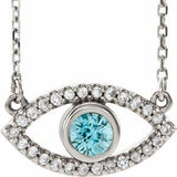 Collier œil protecteur en or blanc 14 carats, zircon bleu naturel et saphir blanc naturel, 40 cm