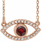 Collier œil protecteur en or rose 14 carats, grenat naturel du Mozambique et saphir blanc naturel, 40 cm