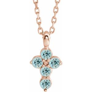 Collier croix en or rose 14 carats et aigue-marine naturelle, 40-45 cm