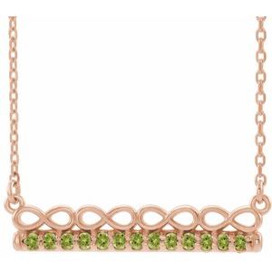 Collier barre 18 pouces en or rose 14 carats avec péridot naturel et pendentif infini