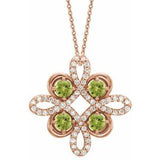 Collier trèfle 18 pouces en or rose 14 carats, péridot naturel et diamants naturels (0,25 carat au total), orné d'un péridot naturel et de diamants naturels (0,05 carat au total).