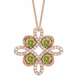 Collier trèfle 18 pouces en or rose 14 carats, péridot naturel et diamants naturels (0,25 carat au total), orné d'un péridot naturel et de diamants naturels (0,05 carat au total).