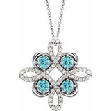 Collier trèfle en platine, zircon bleu naturel et diamants naturels (0,1/8 carat au total), 45,7 cm (18 pouces).