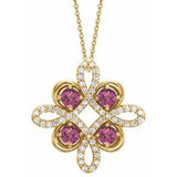 Collier trèfle 18 pouces en or jaune 14 carats, tourmaline rose naturelle et diamants naturels (0,25 carat au total), orné de tourmaline rose naturelle et de diamants naturels (0,175 carat au total).