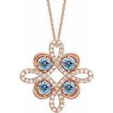 Collier trèfle en or rose 14 carats, aigue-marine naturelle et diamants naturels (0,25 carat au total), 45,7 cm (18 pouces).