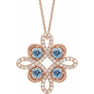 Collier trèfle en or rose 14 carats, aigue-marine naturelle et diamants naturels (0,25 carat au total), 45,7 cm (18 pouces).