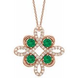 Collier trèfle 18 pouces en or rose 14 carats, émeraude de laboratoire et diamants (0,05 carat au total)
