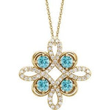 Collier trèfle 18 pouces en or jaune 14 carats, zircon bleu naturel et diamants naturels (0,1/8 carat au total), 45,7 cm (18 pouces).