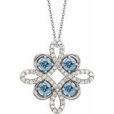 Collier en platine, aigue-marine naturelle et diamants naturels (0,25 carat au total), motif trèfle, 45,7 cm (18 pouces).