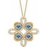 Collier trèfle en or jaune 14 carats, aigue-marine naturelle et diamants naturels (0,25 carat au total), 45,7 cm (18 pouces).