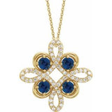 Collier trèfle 18 pouces en or jaune 14 carats, saphir bleu de laboratoire et diamants (0,05 carat au total)