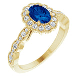 Bague en or jaune 14 carats sertie d'un saphir bleu de laboratoire et de diamants naturels (0,3 carat au total).