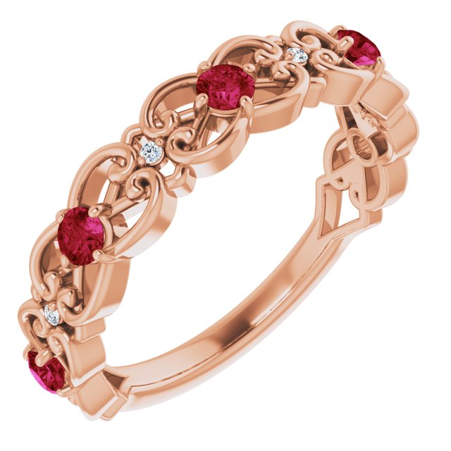 Bague volute en or rose 14 carats sertie d'un rubis naturel et de diamants naturels (0,02 carat au total).